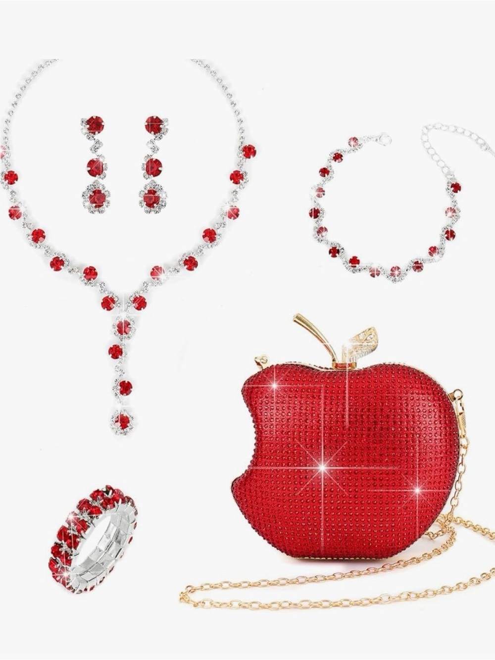 Red Crystal Apple Mini Bag with Gold Chain - Women's Evening Mini Bag